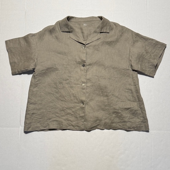 Muji Tops - MUJI 100% Linen Casual Short Sleeve Button-Up Boxy Fit Taupe Shirt Size XS/S